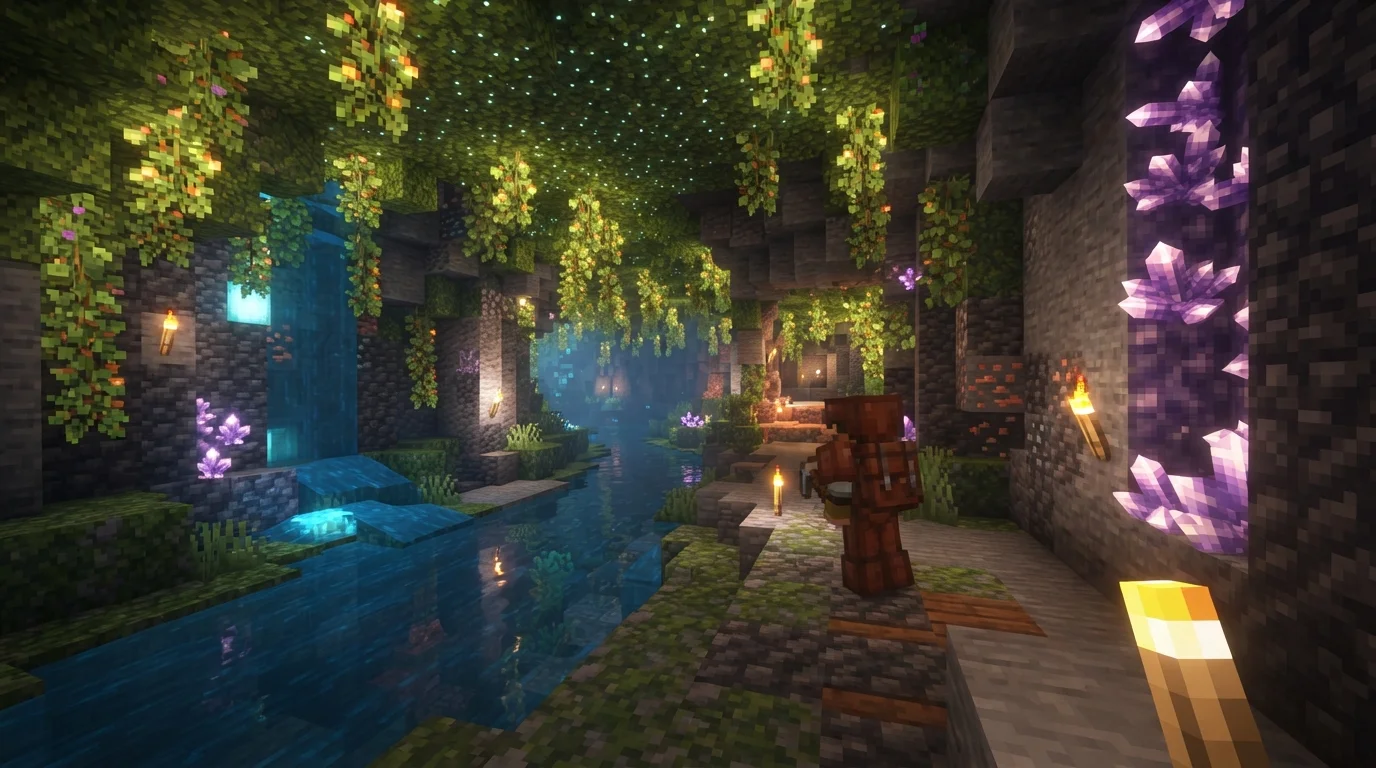 Lush Minecraft cavern with hanging glowberries, blue water, and purple amethyst