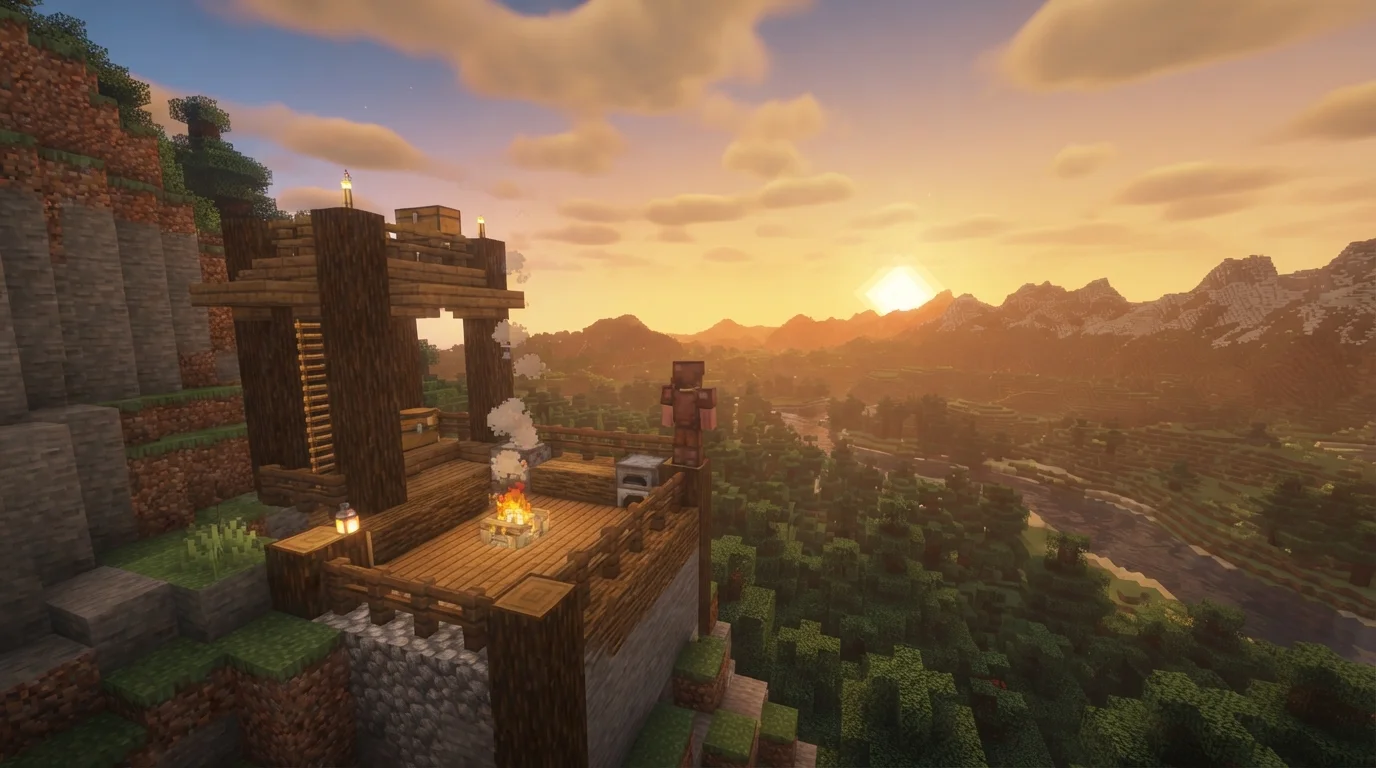 Wooden Minecraft lookout overlooking a pine forest in the warm sunset