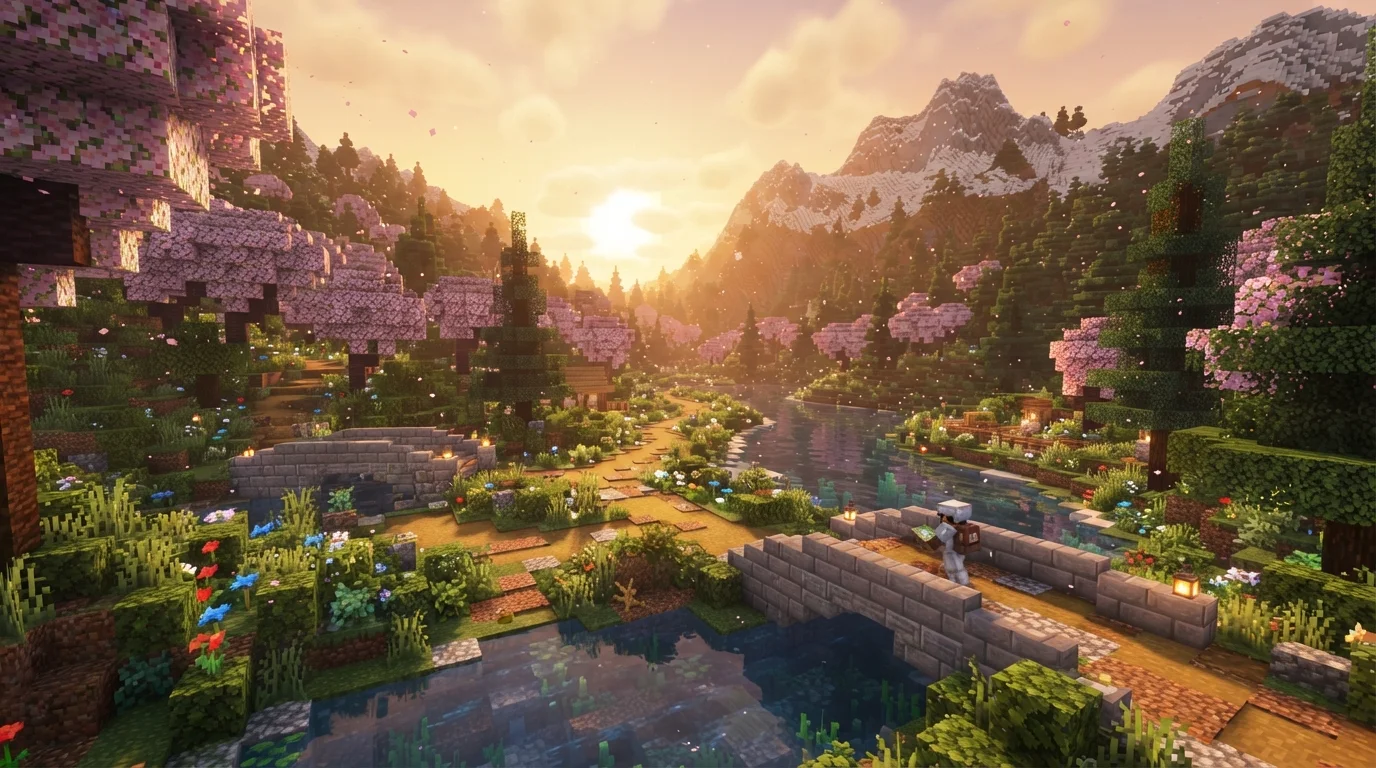 Cherry blossom valley with stone bridges, winding paths, and sunlit mountains